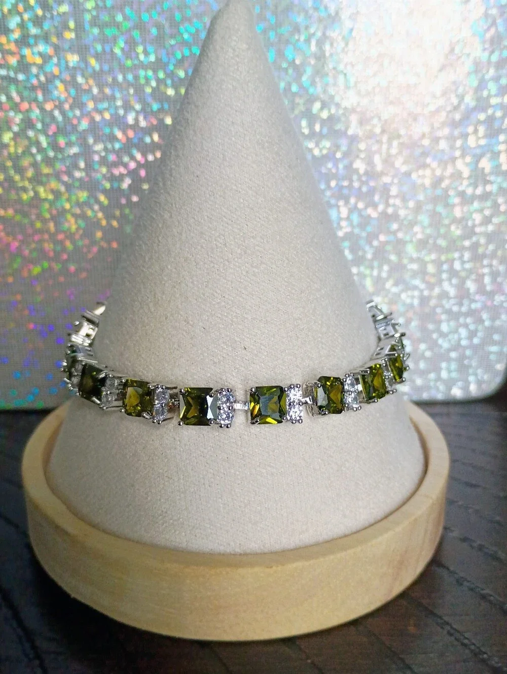 New White Gold Plated & Olive Green Tennis Bracelet with Clear Accents